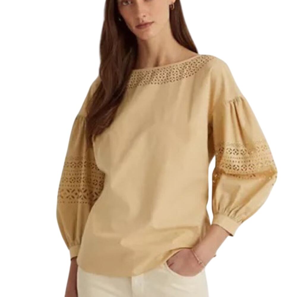 Lauren Ralph Lauren “Parchment” Eyelet Accent Blouse, V-Neck, Size Medium, NWOT!
